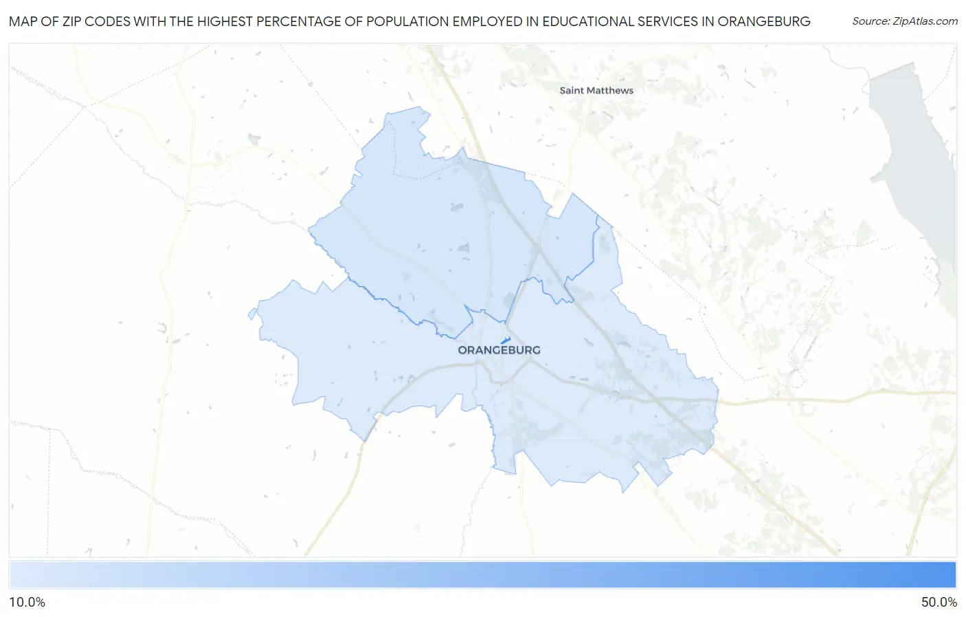 Zip Codes with the Highest Percentage of Population Employed in Educational Services in Orangeburg Map