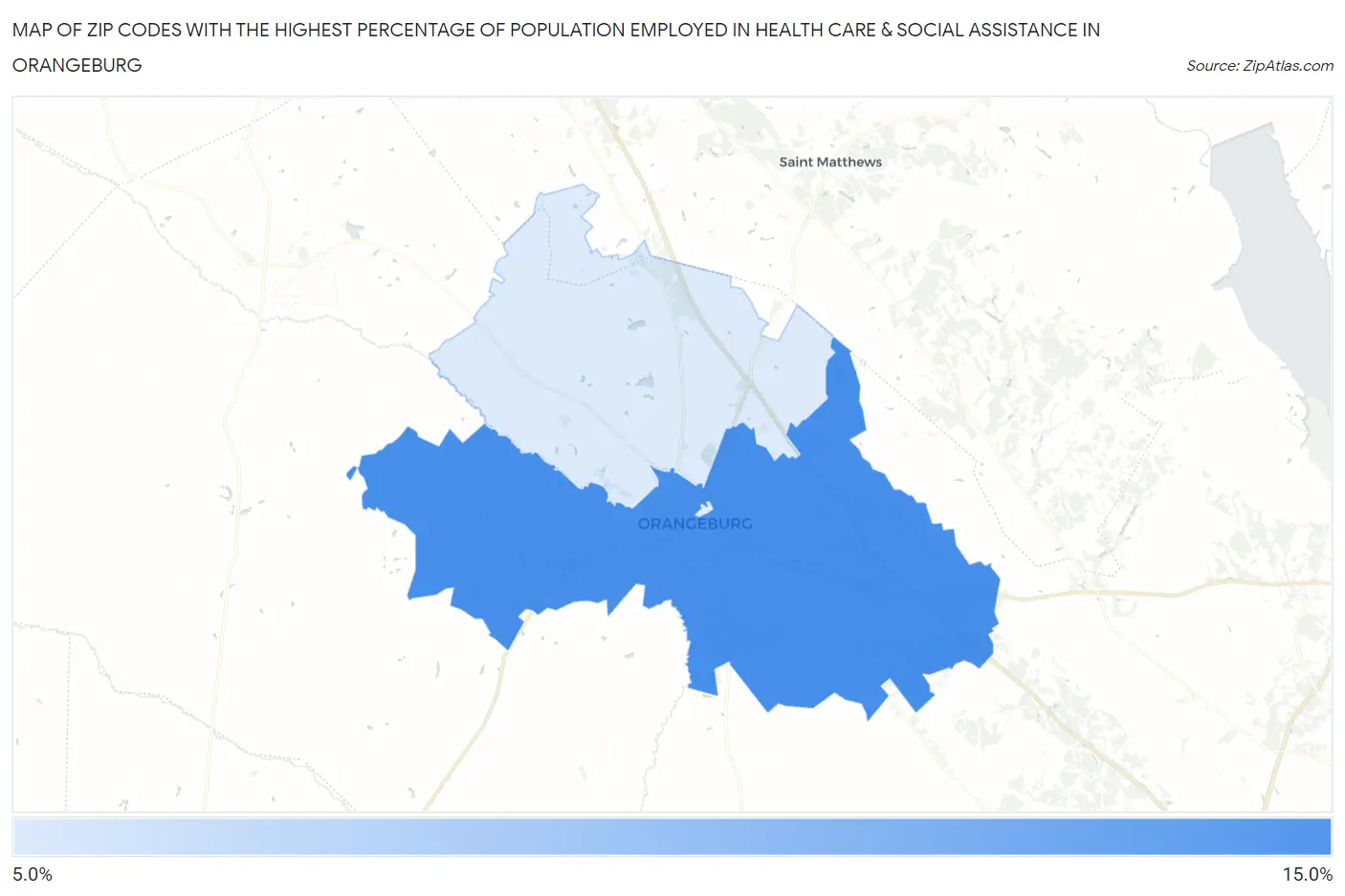 Zip Codes with the Highest Percentage of Population Employed in Health Care & Social Assistance in Orangeburg Map