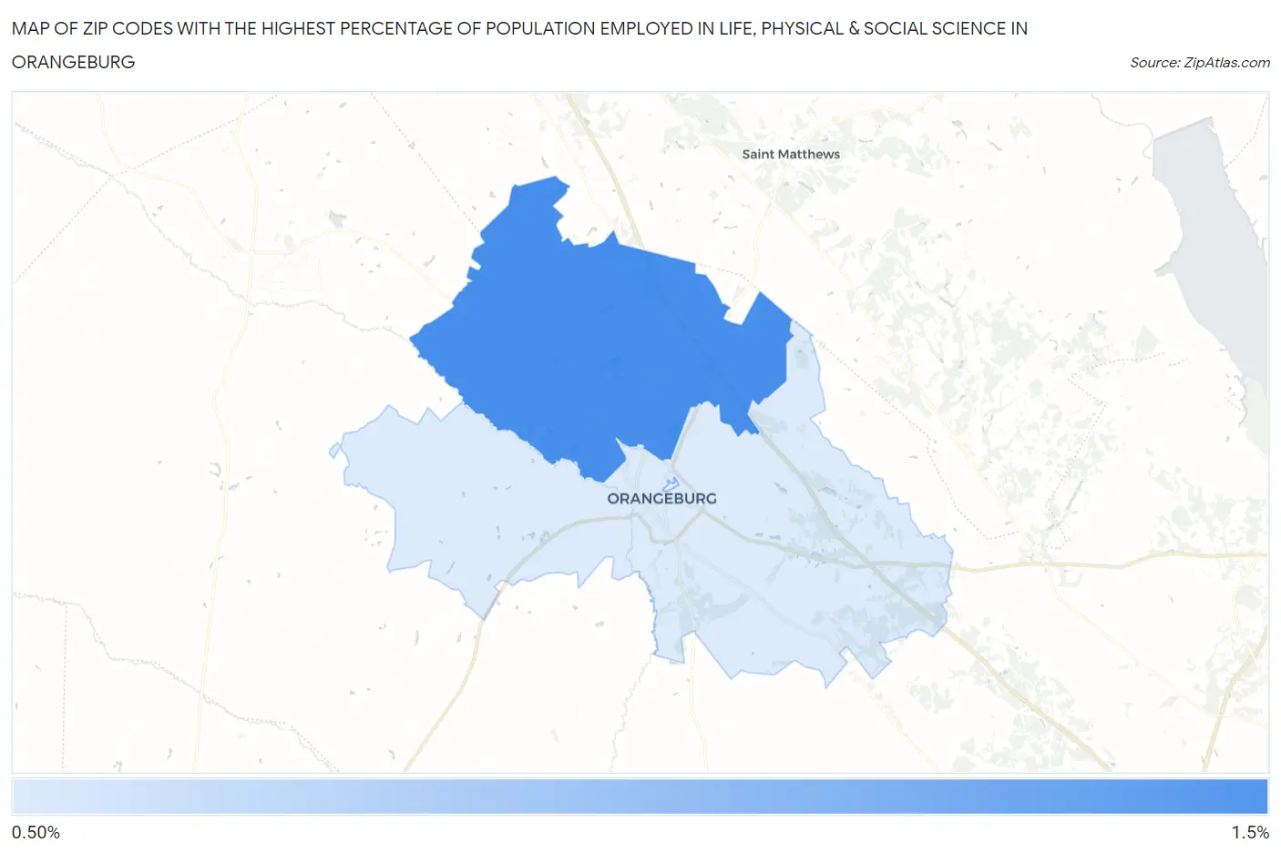 Zip Codes with the Highest Percentage of Population Employed in Life, Physical & Social Science in Orangeburg Map
