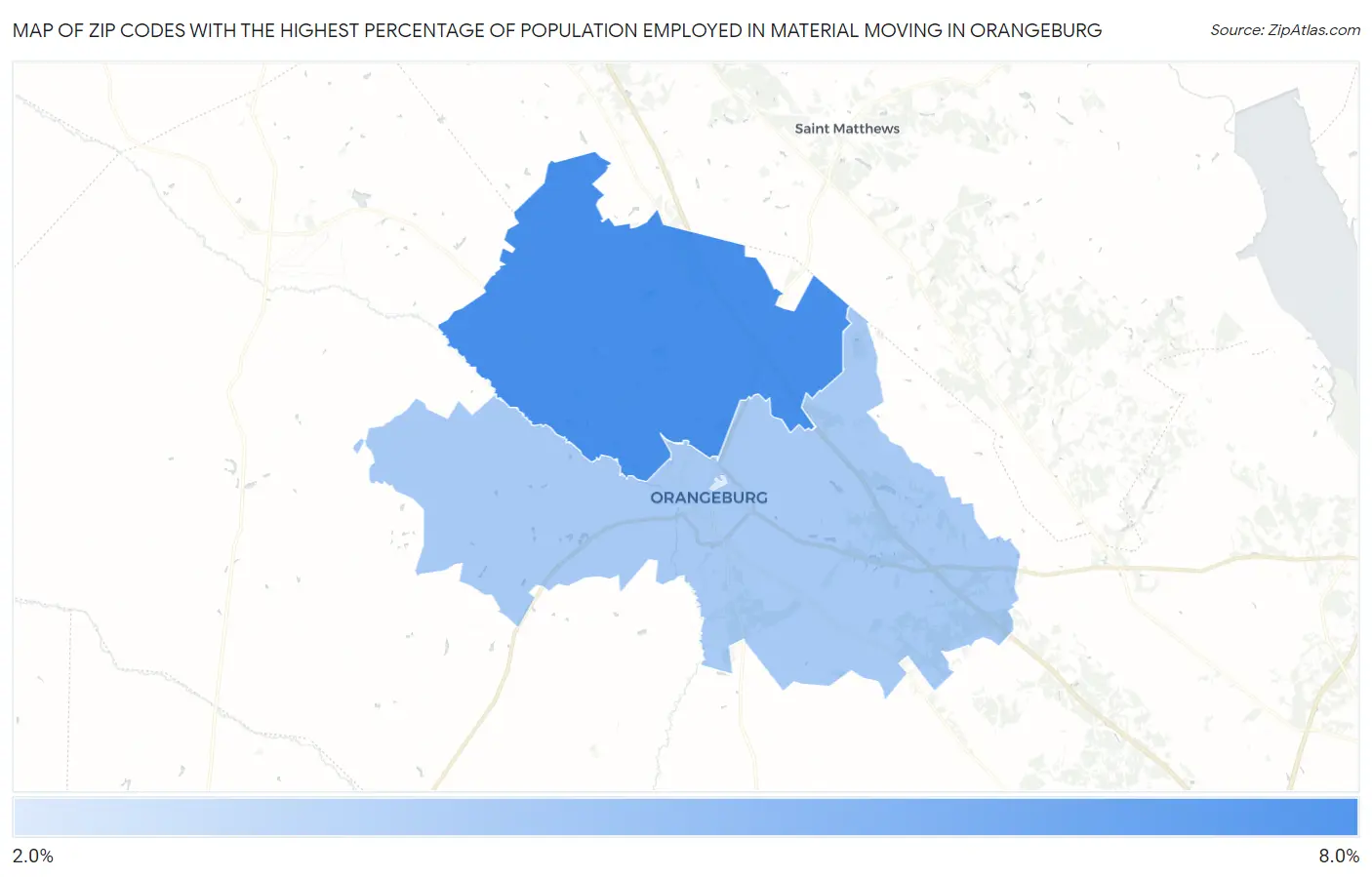 Zip Codes with the Highest Percentage of Population Employed in Material Moving in Orangeburg Map