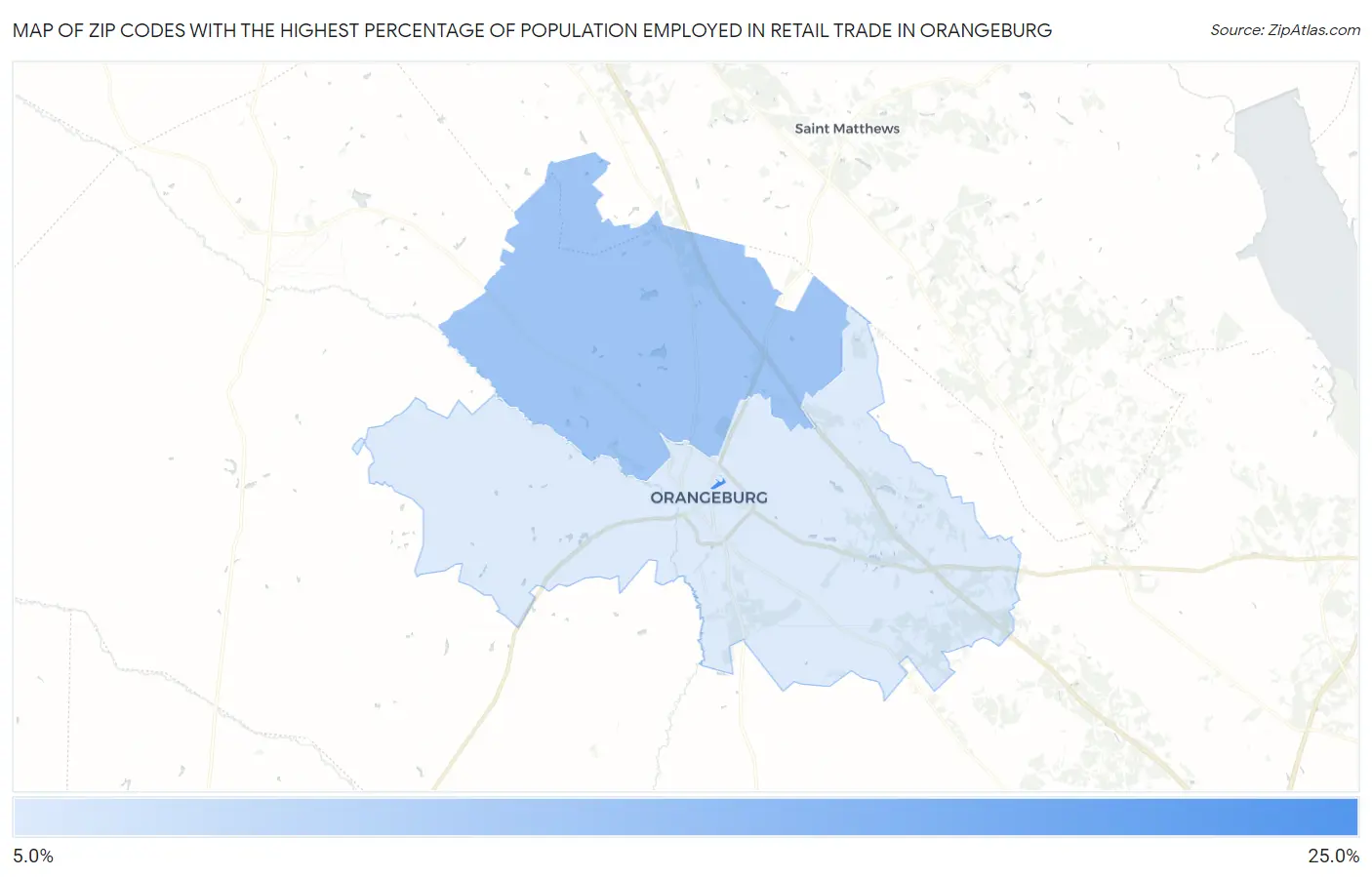 Zip Codes with the Highest Percentage of Population Employed in Retail Trade in Orangeburg Map