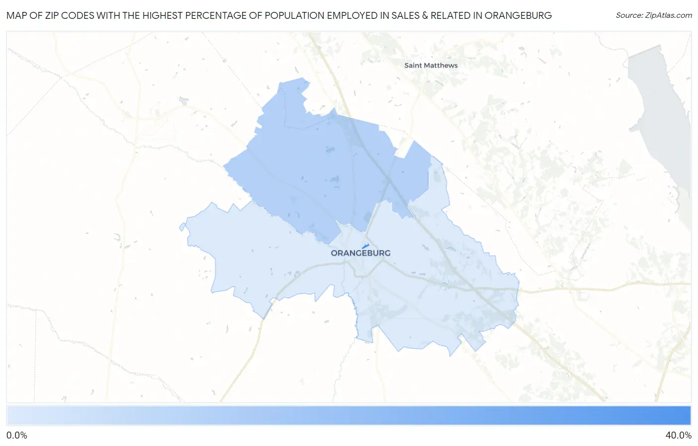 Zip Codes with the Highest Percentage of Population Employed in Sales & Related in Orangeburg Map
