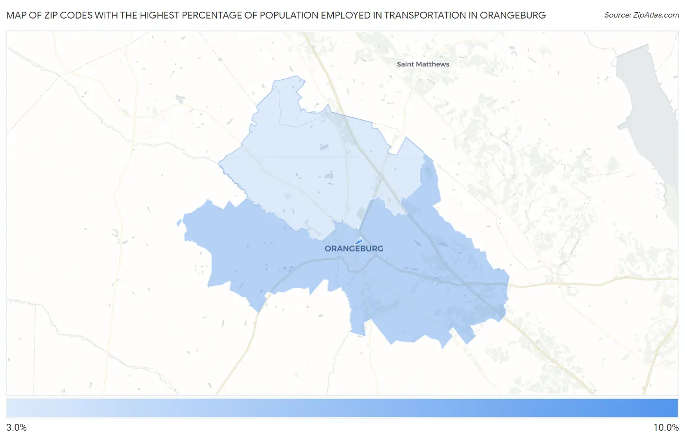Zip Codes with the Highest Percentage of Population Employed in Transportation in Orangeburg Map