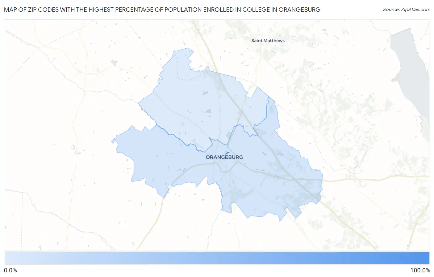Zip Codes with the Highest Percentage of Population Enrolled in College in Orangeburg Map