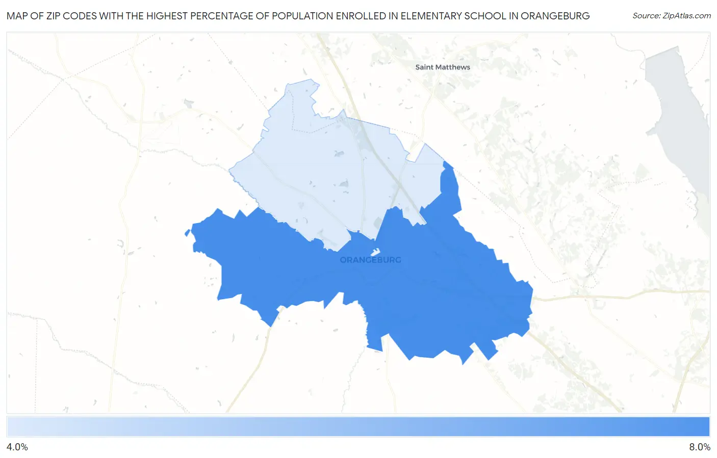 Zip Codes with the Highest Percentage of Population Enrolled in Elementary School in Orangeburg Map