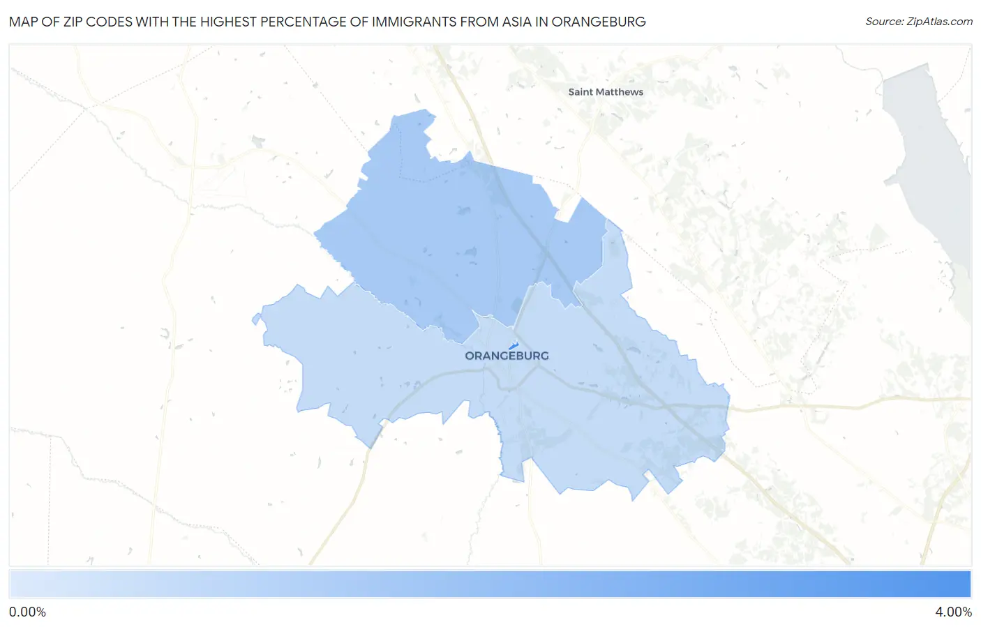 Zip Codes with the Highest Percentage of Immigrants from Asia in Orangeburg Map