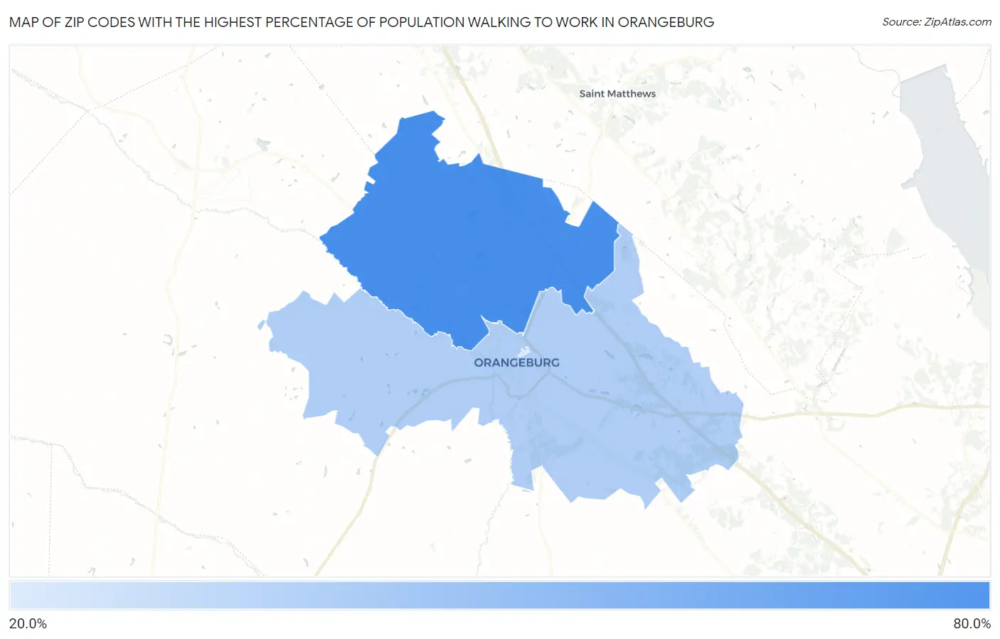 Zip Codes with the Highest Percentage of Population Walking to Work in Orangeburg Map