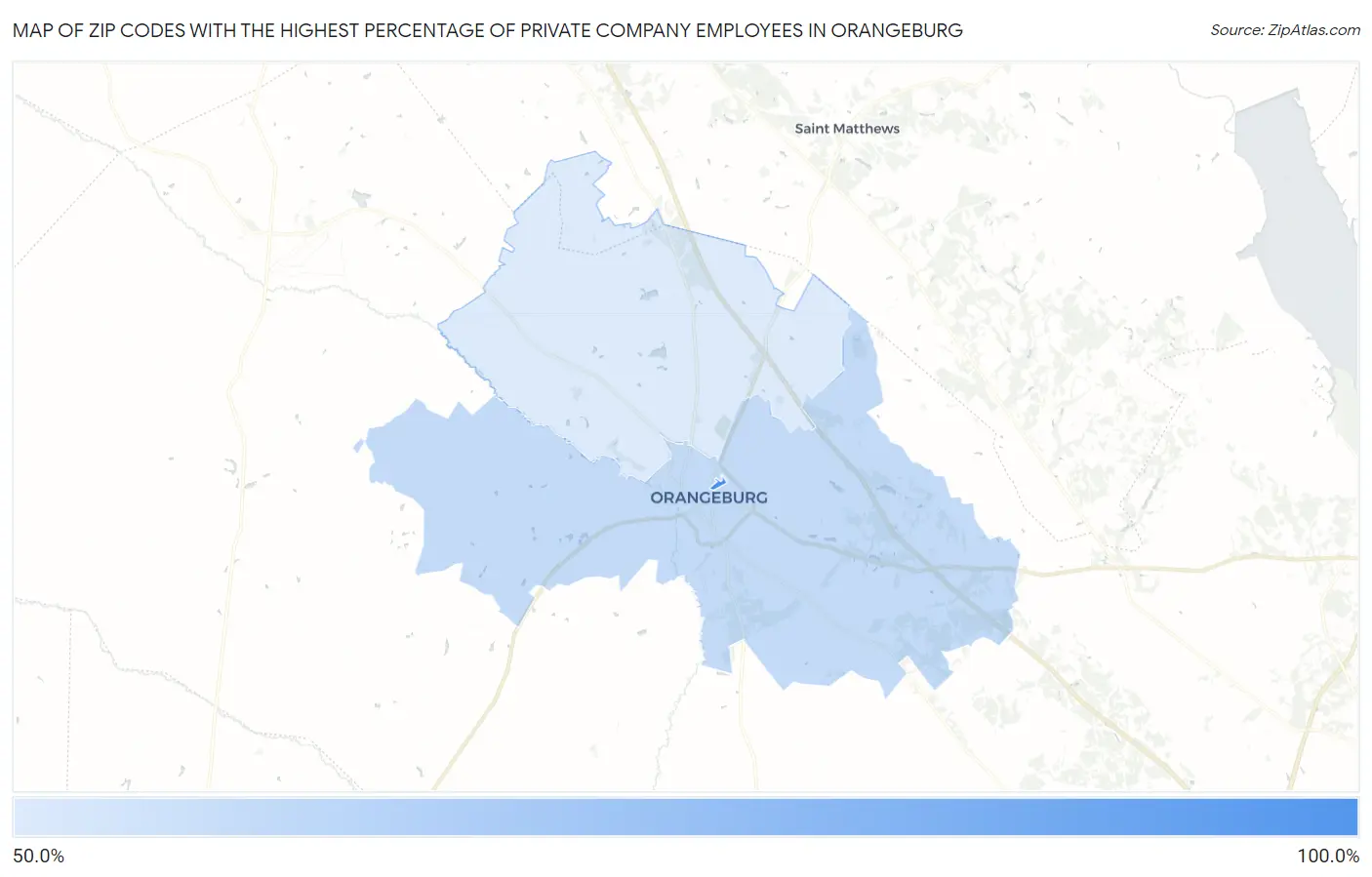 Zip Codes with the Highest Percentage of Private Company Employees in Orangeburg Map