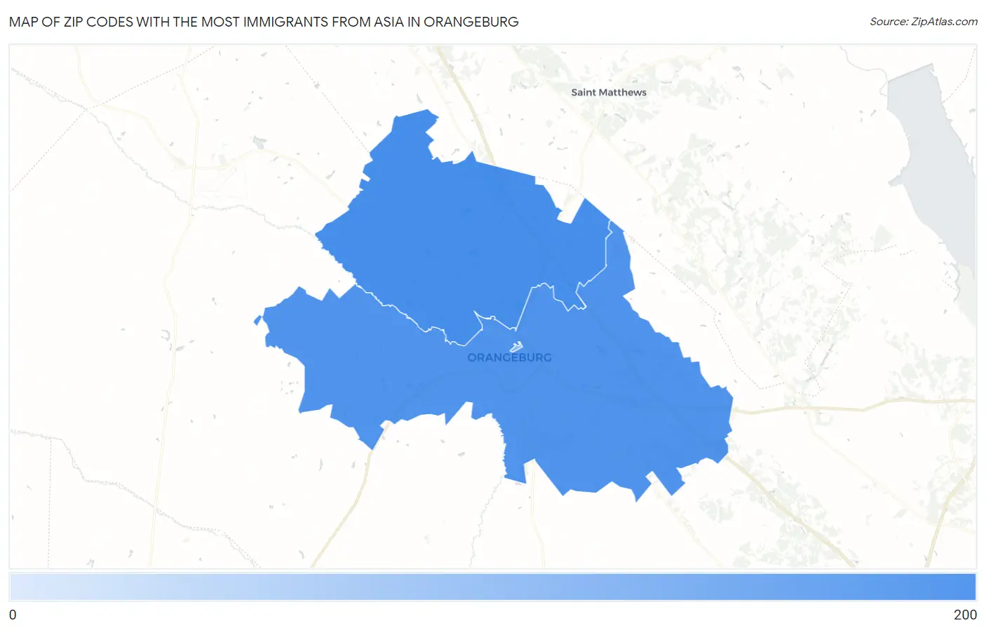 Zip Codes with the Most Immigrants from Asia in Orangeburg Map