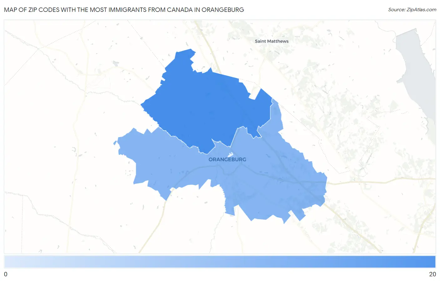 Zip Codes with the Most Immigrants from Canada in Orangeburg Map