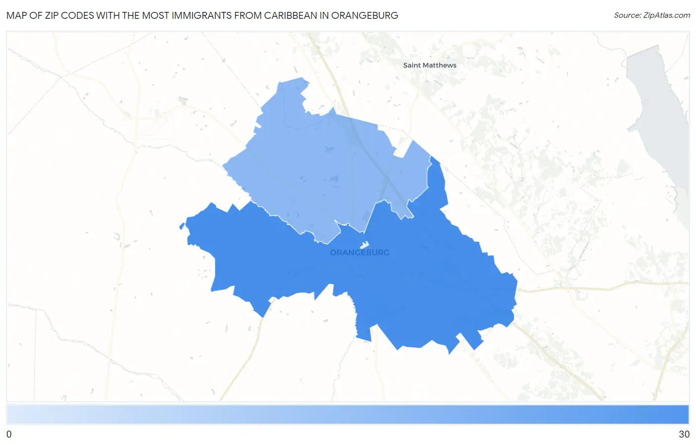 Zip Codes with the Most Immigrants from Caribbean in Orangeburg Map