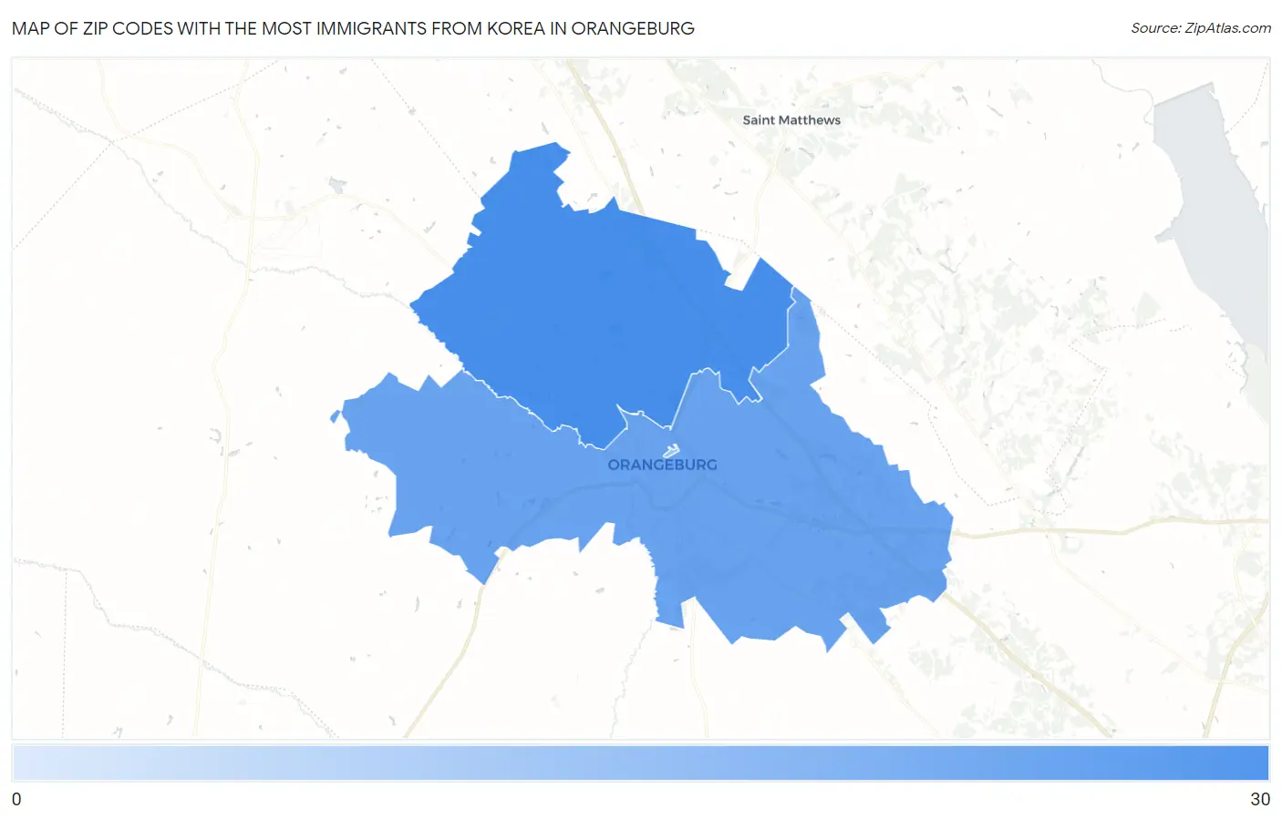 Zip Codes with the Most Immigrants from Korea in Orangeburg Map