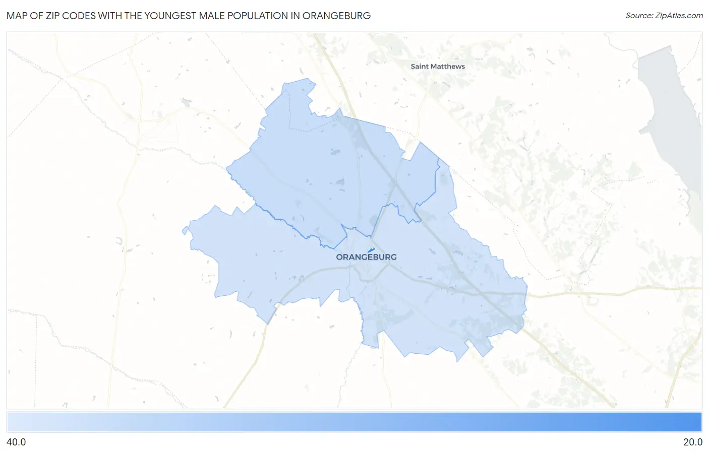 Zip Codes with the Youngest Male Population in Orangeburg Map