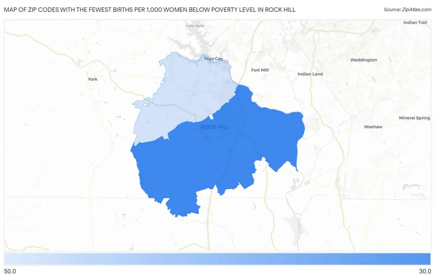 Zip Codes with the Fewest Births per 1,000 Women Below Poverty Level in Rock Hill Map