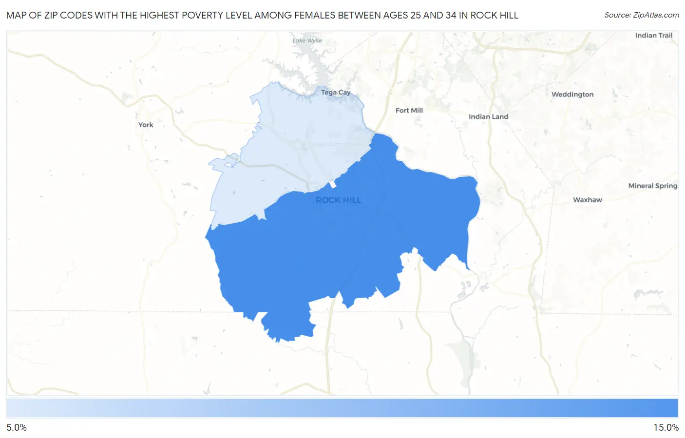 Zip Codes with the Highest Poverty Level Among Females Between Ages 25 and 34 in Rock Hill Map