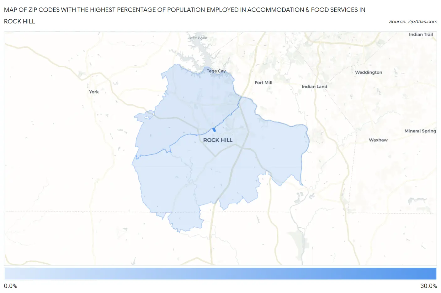 Zip Codes with the Highest Percentage of Population Employed in Accommodation & Food Services in Rock Hill Map