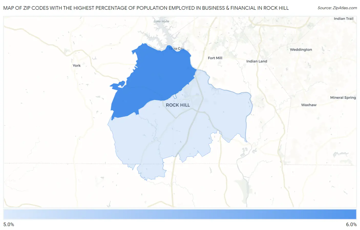 Zip Codes with the Highest Percentage of Population Employed in Business & Financial in Rock Hill Map