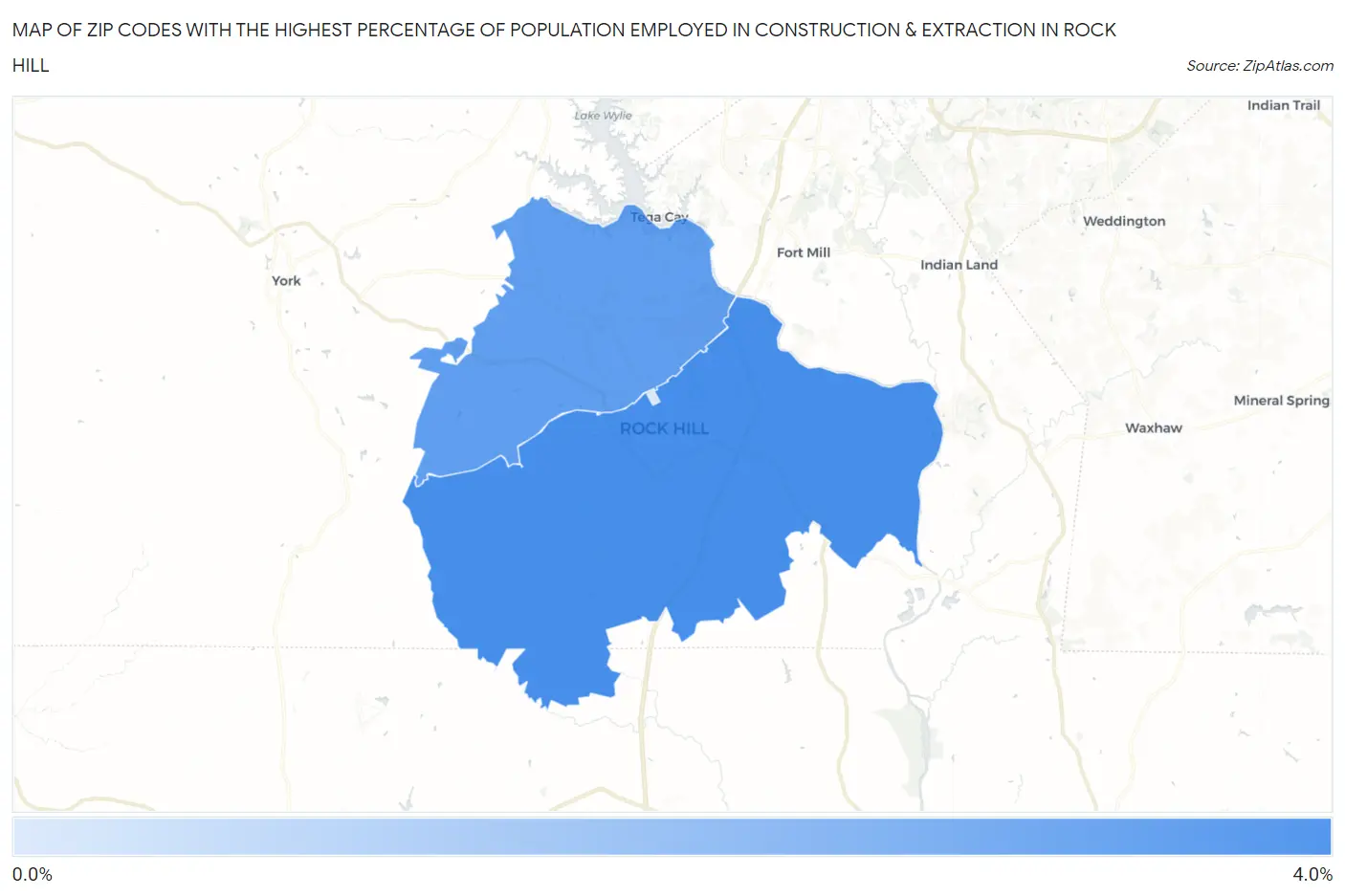 Zip Codes with the Highest Percentage of Population Employed in Construction & Extraction in Rock Hill Map