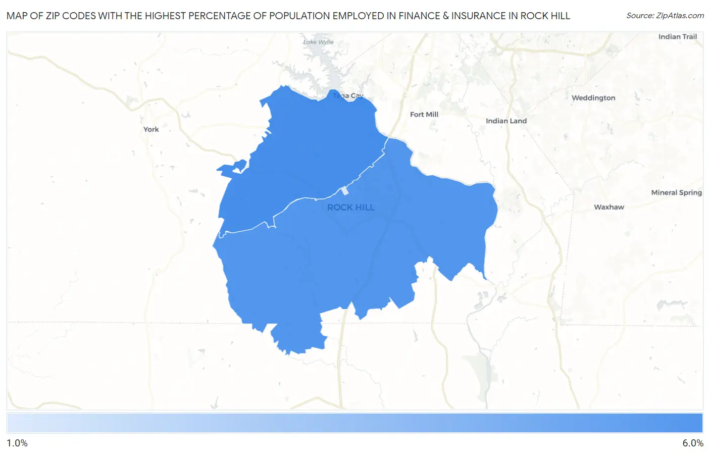Zip Codes with the Highest Percentage of Population Employed in Finance & Insurance in Rock Hill Map