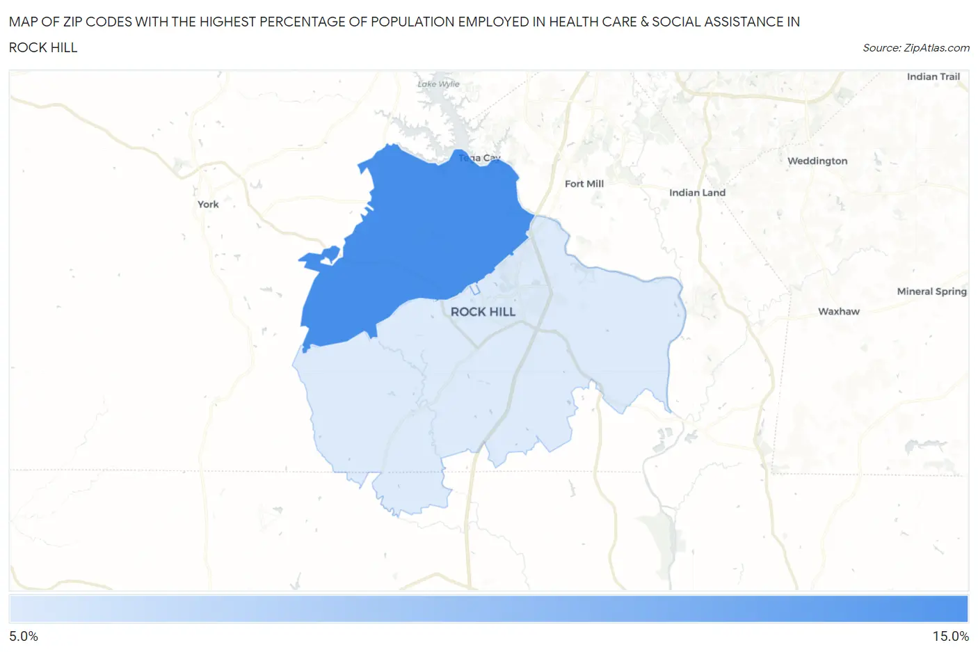 Zip Codes with the Highest Percentage of Population Employed in Health Care & Social Assistance in Rock Hill Map