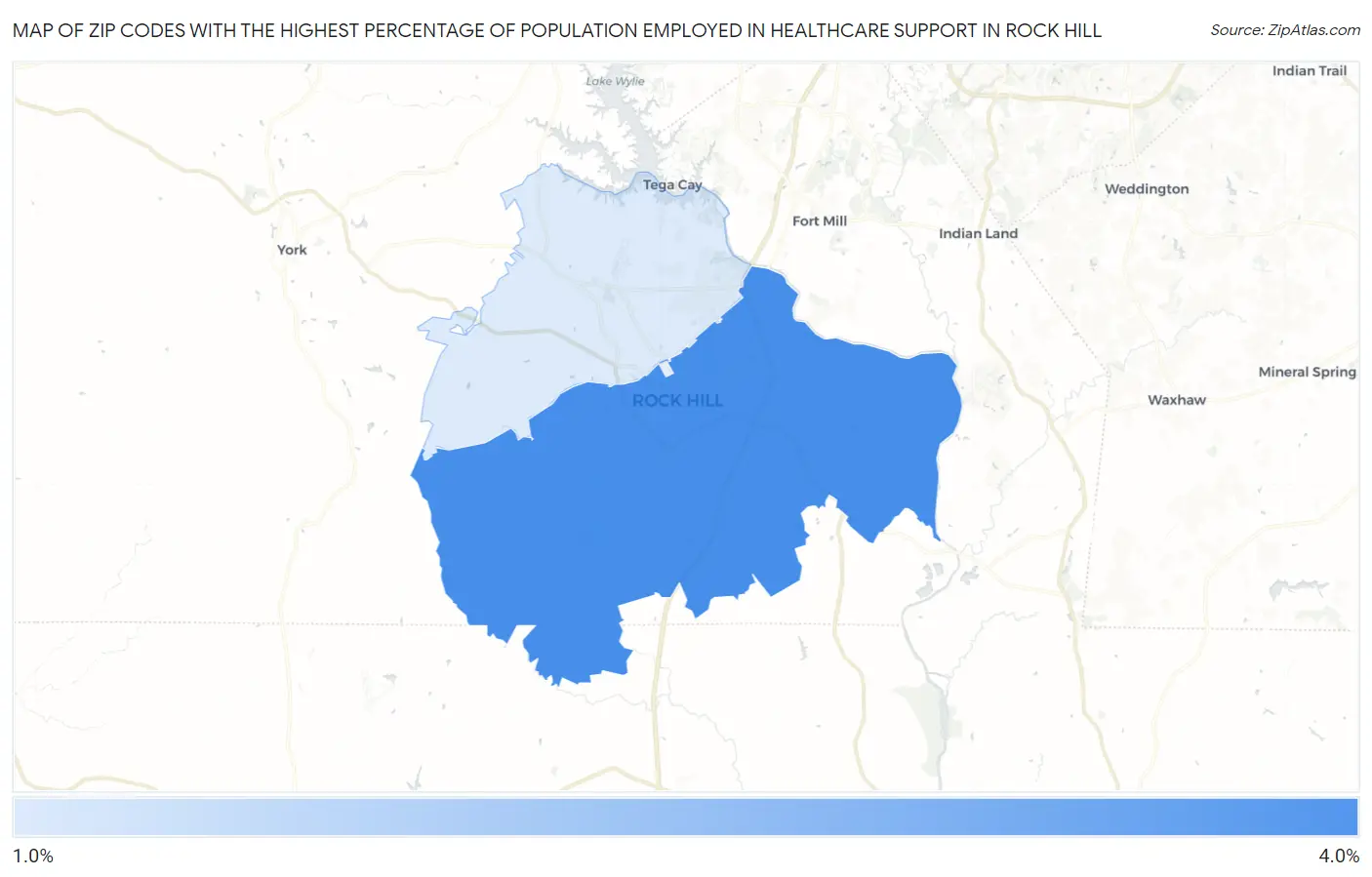 Zip Codes with the Highest Percentage of Population Employed in Healthcare Support in Rock Hill Map
