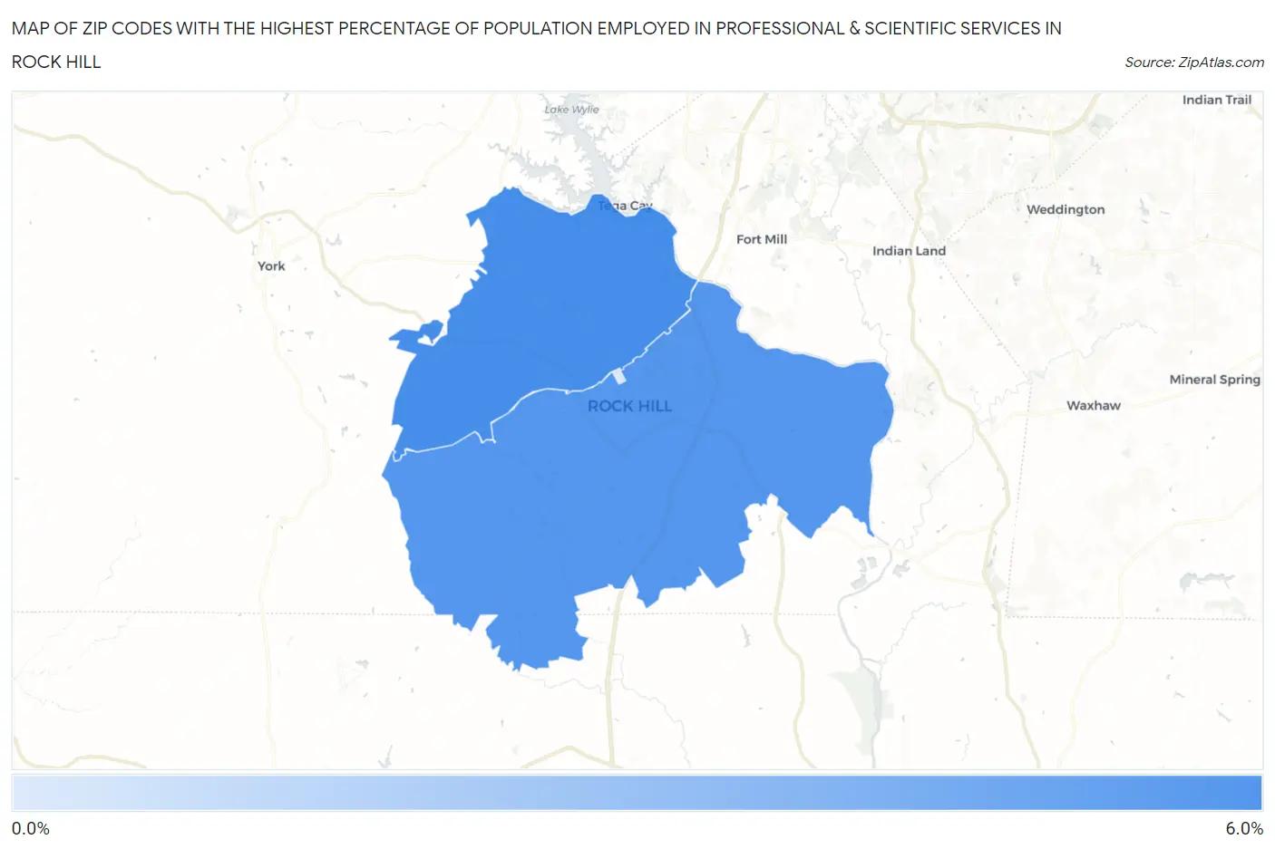 Zip Codes with the Highest Percentage of Population Employed in Professional & Scientific Services in Rock Hill Map