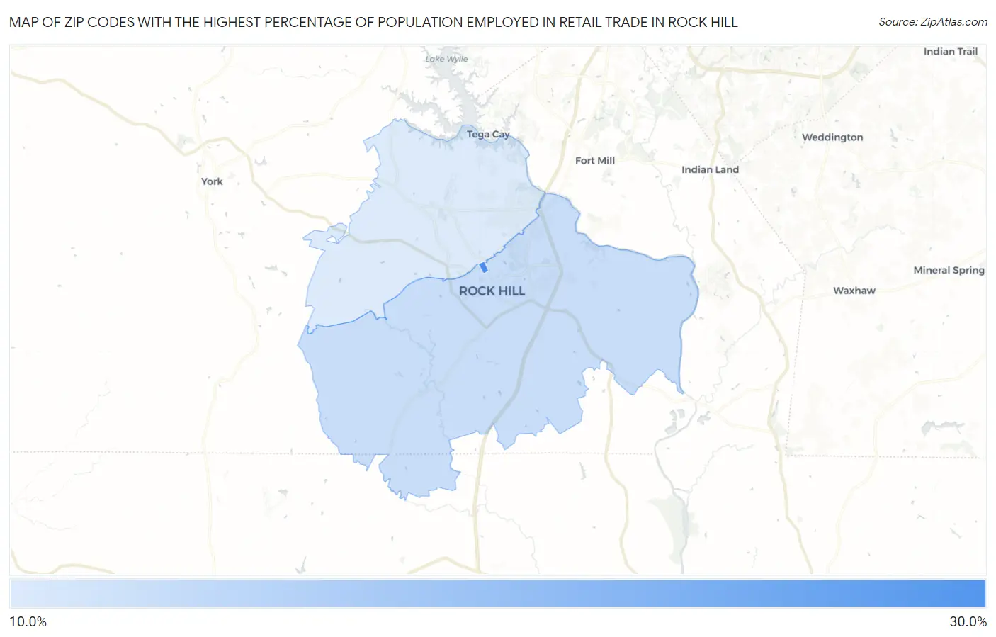Zip Codes with the Highest Percentage of Population Employed in Retail Trade in Rock Hill Map