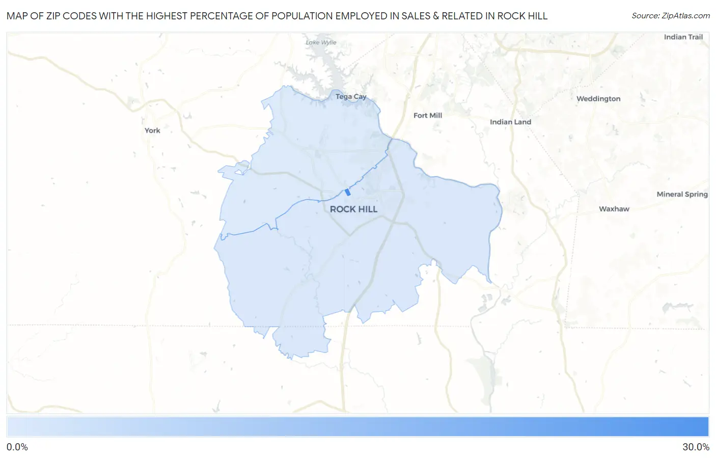 Zip Codes with the Highest Percentage of Population Employed in Sales & Related in Rock Hill Map