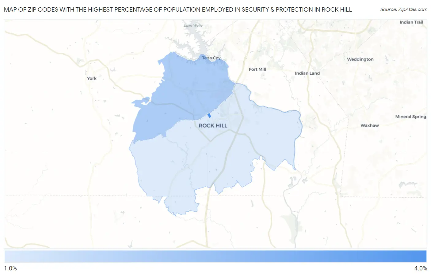Zip Codes with the Highest Percentage of Population Employed in Security & Protection in Rock Hill Map