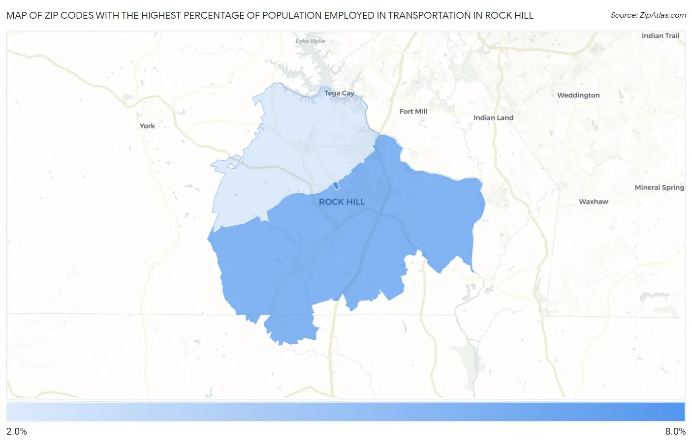 Zip Codes with the Highest Percentage of Population Employed in Transportation in Rock Hill Map