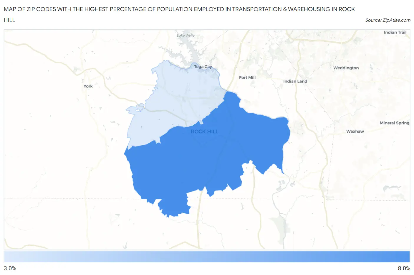 Zip Codes with the Highest Percentage of Population Employed in Transportation & Warehousing in Rock Hill Map