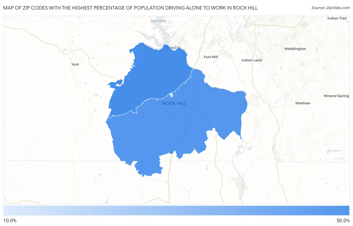 Zip Codes with the Highest Percentage of Population Driving Alone to Work in Rock Hill Map