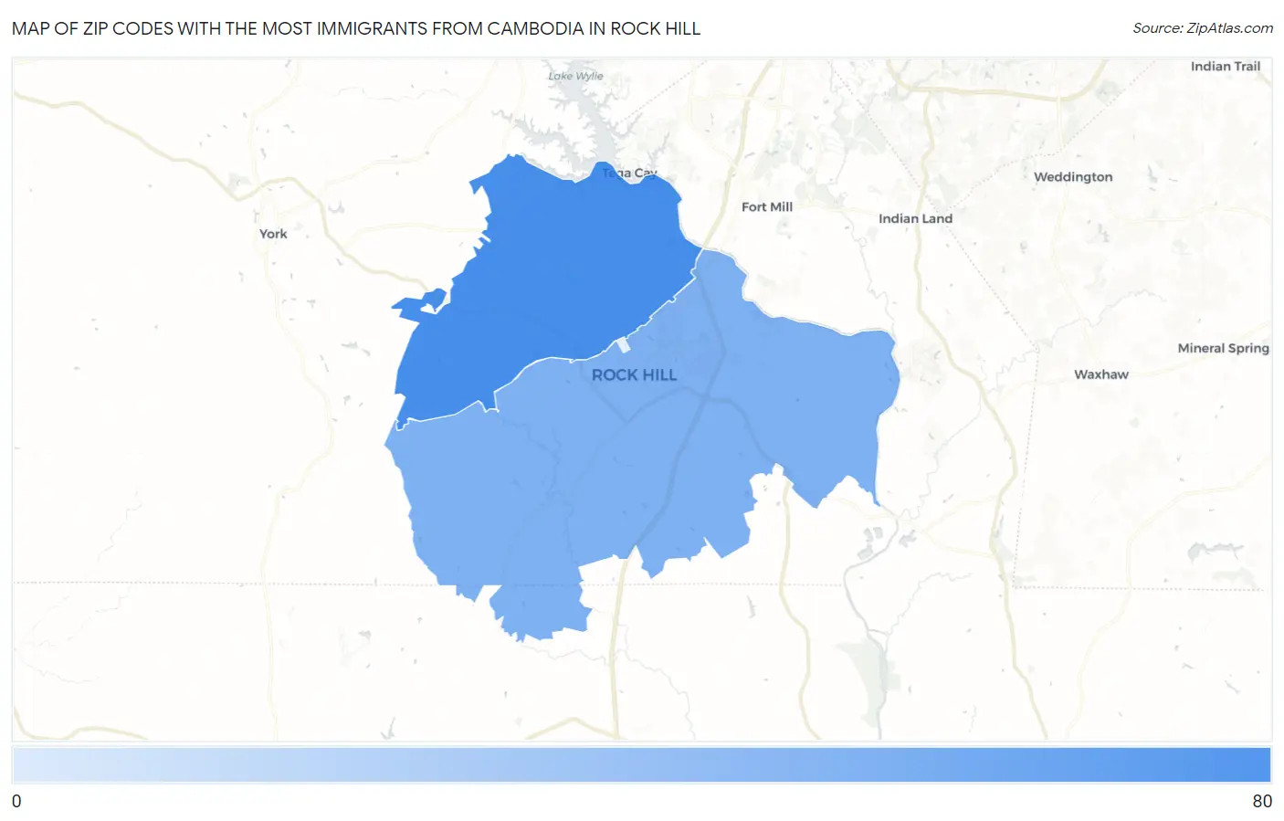 Zip Codes with the Most Immigrants from Cambodia in Rock Hill Map