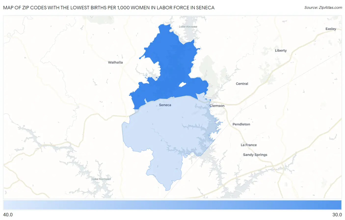 Zip Codes with the Lowest Births per 1,000 Women in Labor Force in Seneca Map