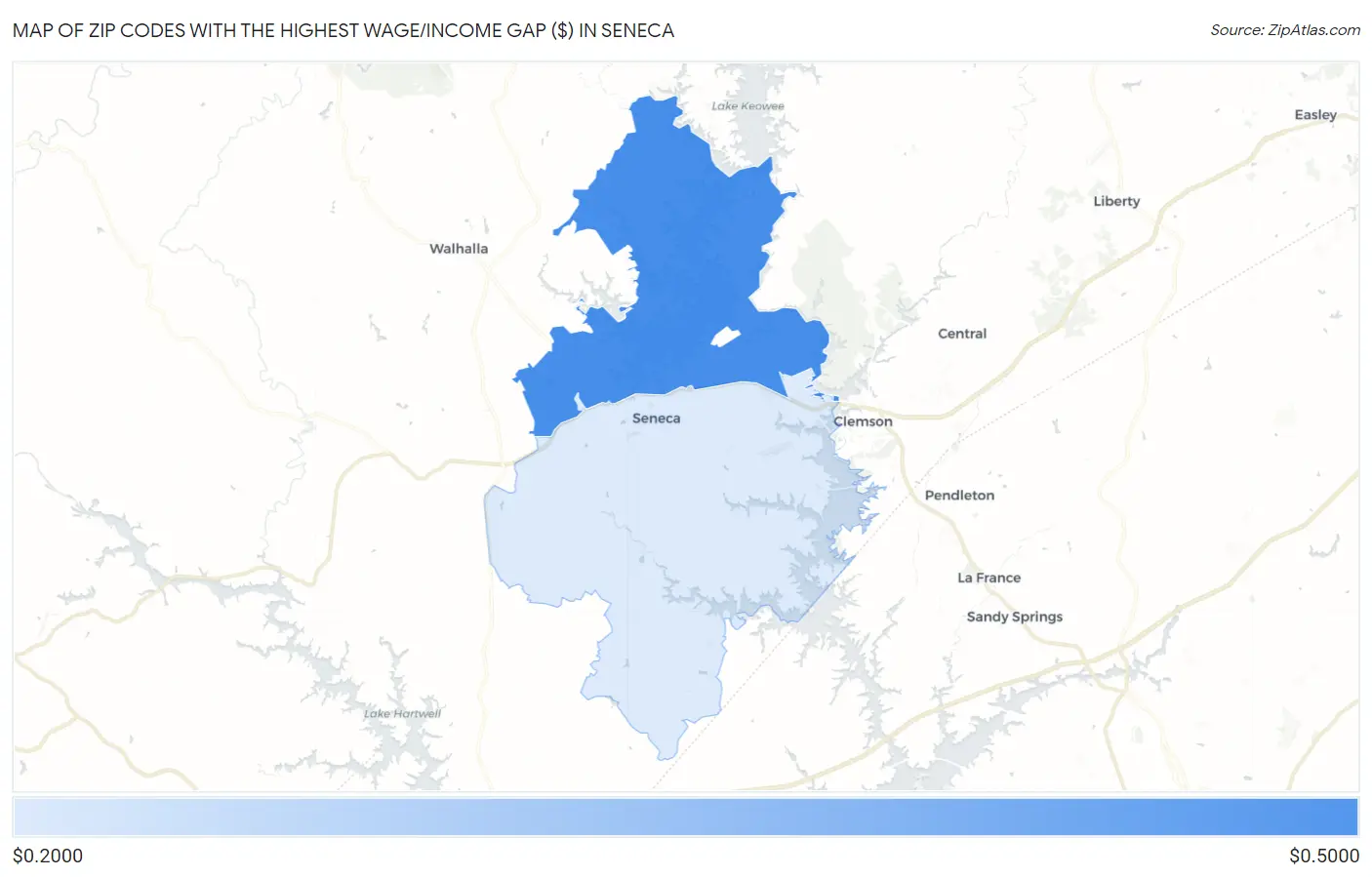 Zip Codes with the Highest Wage/Income Gap ($) in Seneca Map