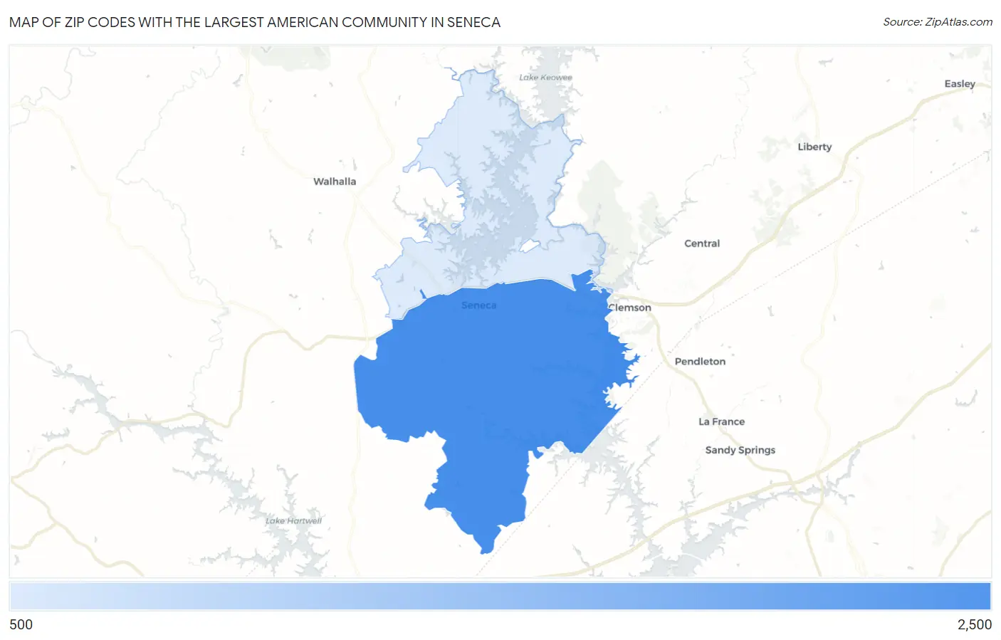 Zip Codes with the Largest American Community in Seneca Map