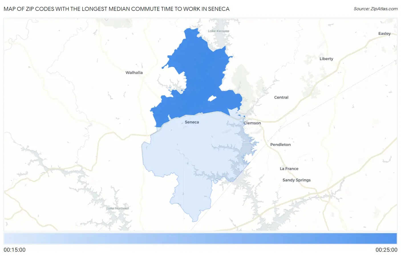 Zip Codes with the Longest Median Commute Time to Work in Seneca Map