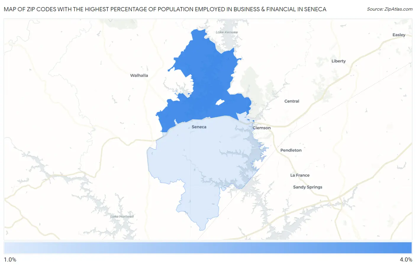 Zip Codes with the Highest Percentage of Population Employed in Business & Financial in Seneca Map