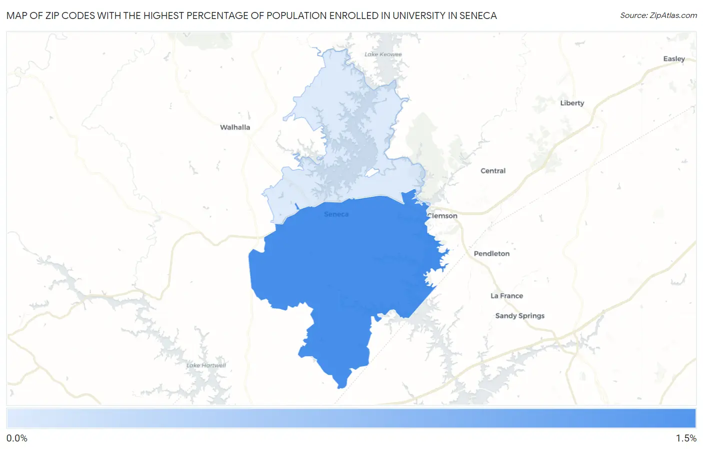 Zip Codes with the Highest Percentage of Population Enrolled in University in Seneca Map