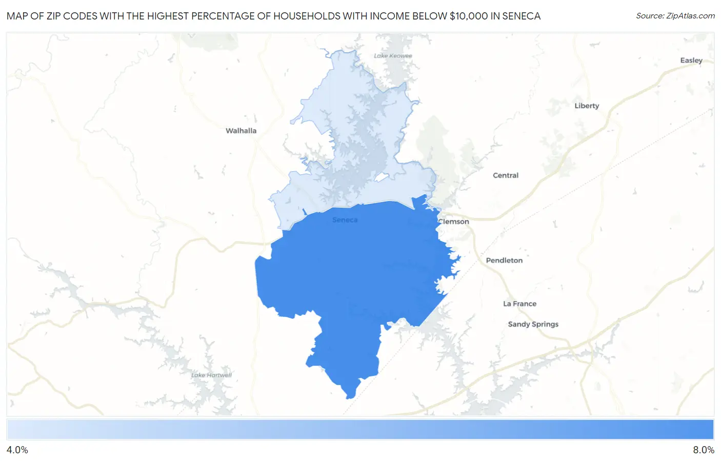 Zip Codes with the Highest Percentage of Households with Income Below $10,000 in Seneca Map