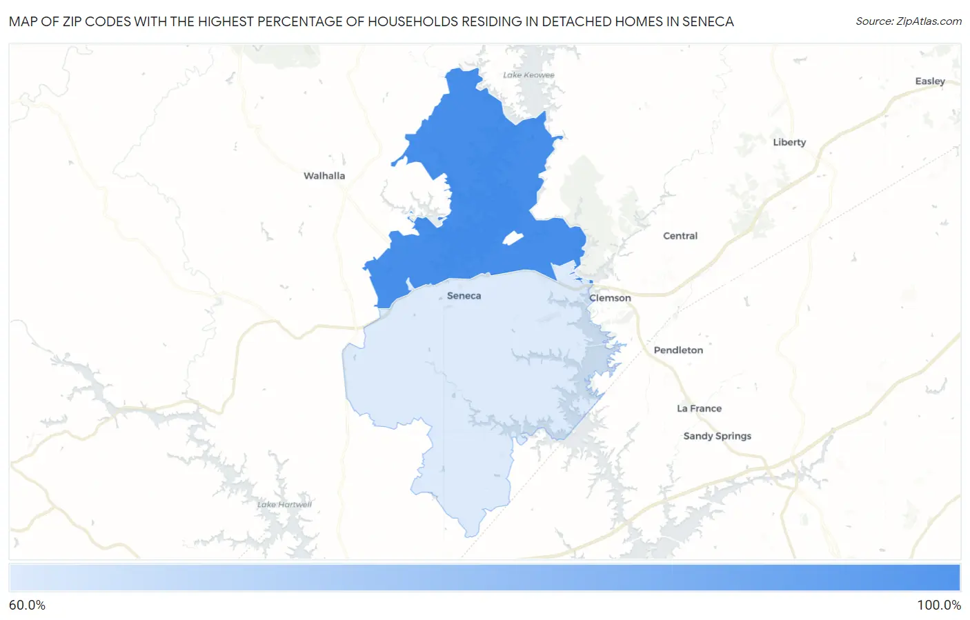Zip Codes with the Highest Percentage of Households Residing in Detached Homes in Seneca Map