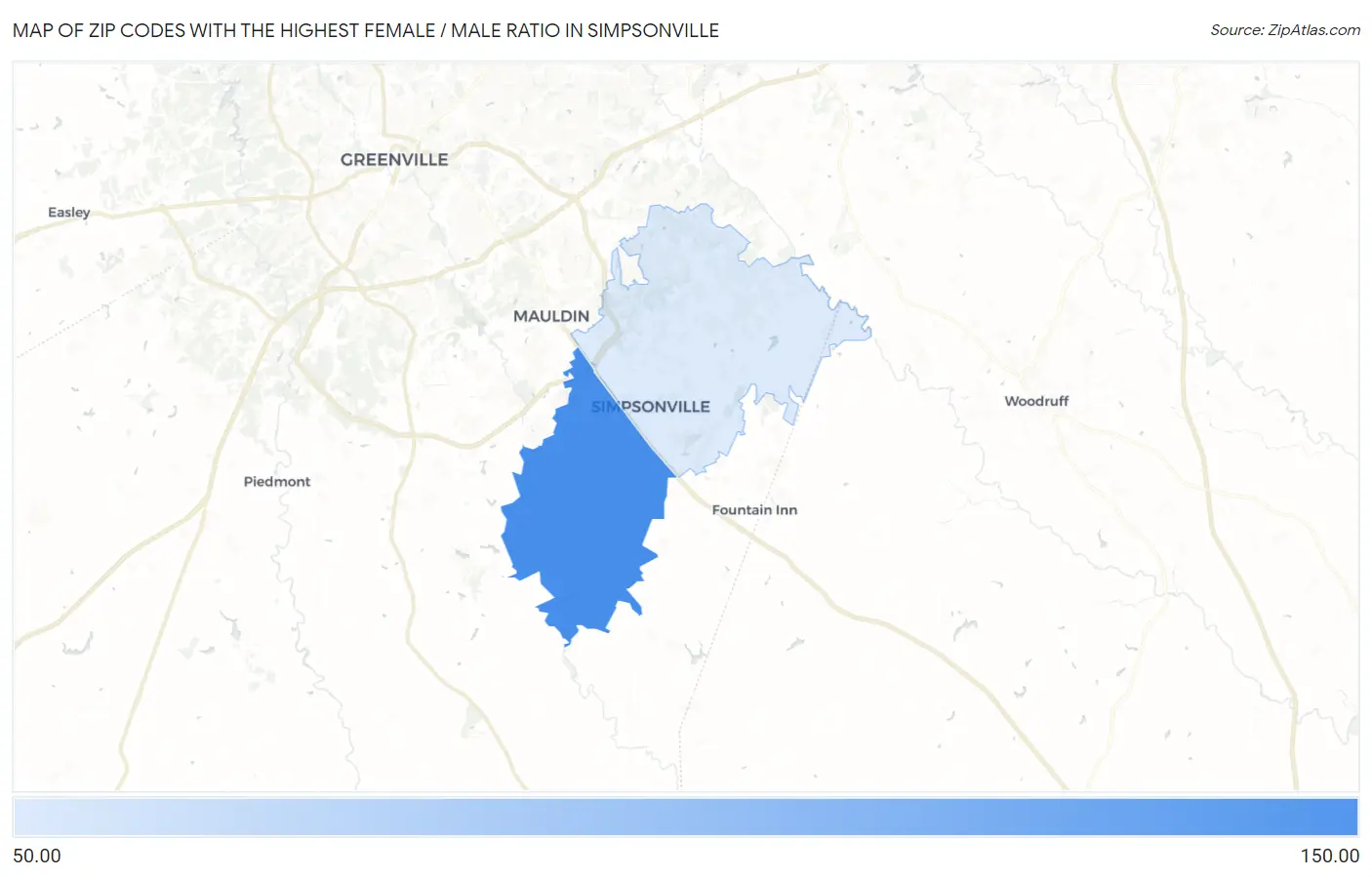 Zip Codes with the Highest Female / Male Ratio in Simpsonville Map