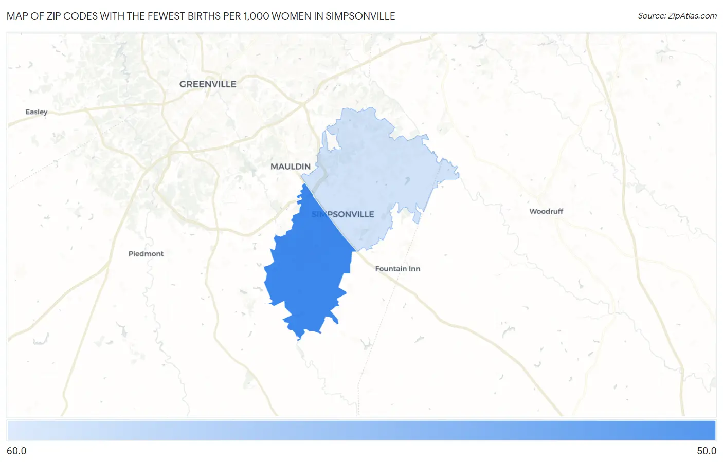Zip Codes with the Fewest Births per 1,000 Women in Simpsonville Map