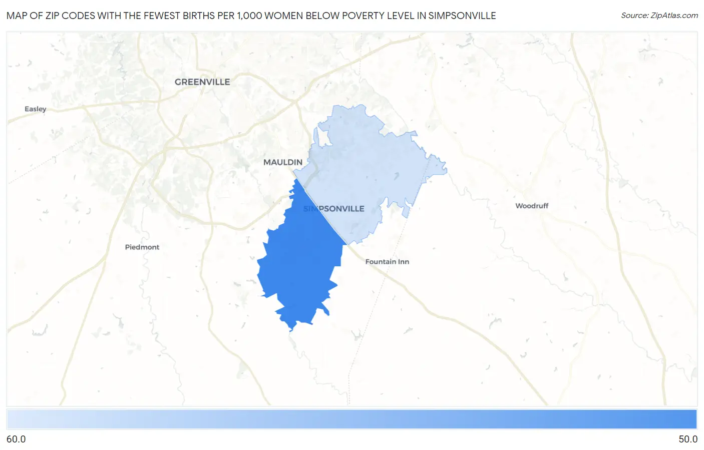 Zip Codes with the Fewest Births per 1,000 Women Below Poverty Level in Simpsonville Map
