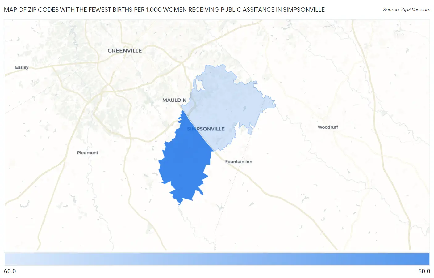 Zip Codes with the Fewest Births per 1,000 Women Receiving Public Assitance in Simpsonville Map