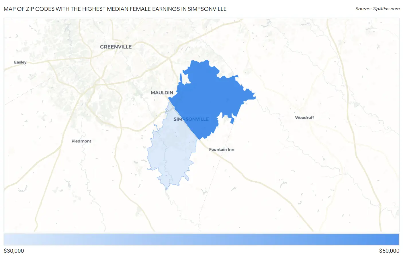 Zip Codes with the Highest Median Female Earnings in Simpsonville Map