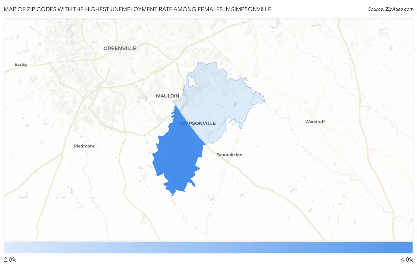 Zip Codes with the Highest Unemployment Rate Among Females in Simpsonville Map