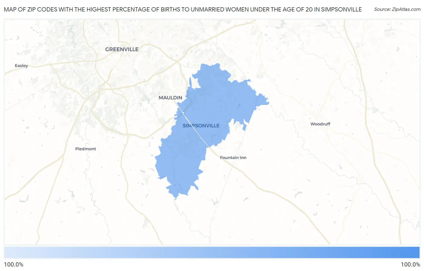 Zip Codes with the Highest Percentage of Births to Unmarried Women under the Age of 20 in Simpsonville Map