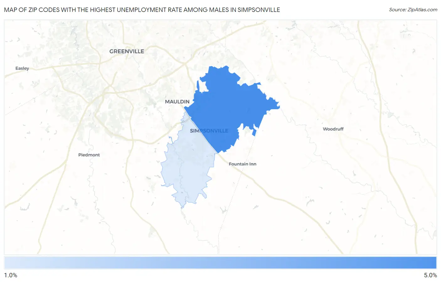 Zip Codes with the Highest Unemployment Rate Among Males in Simpsonville Map