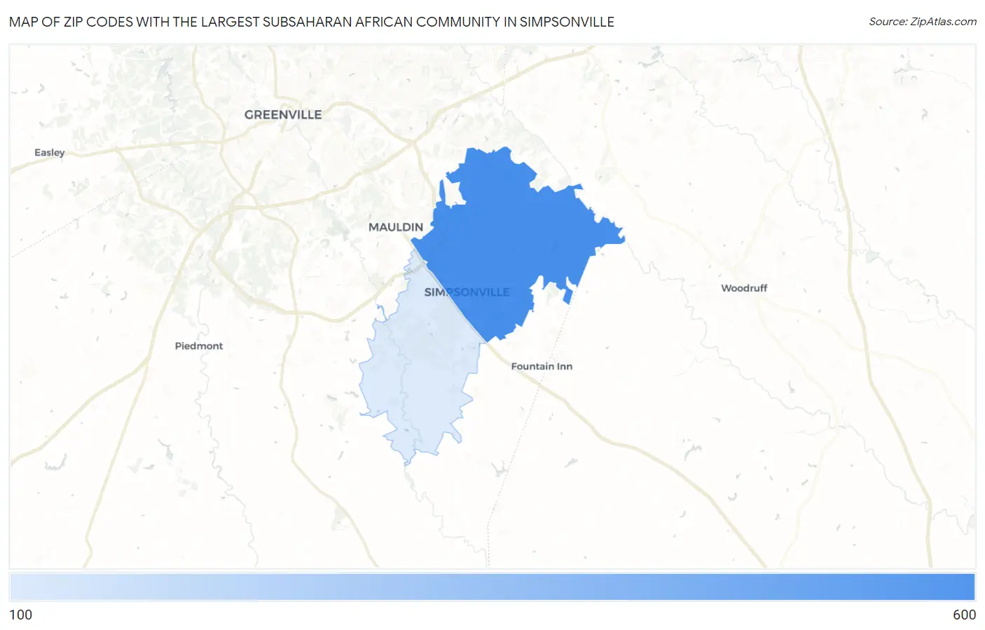 Zip Codes with the Largest Subsaharan African Community in Simpsonville Map